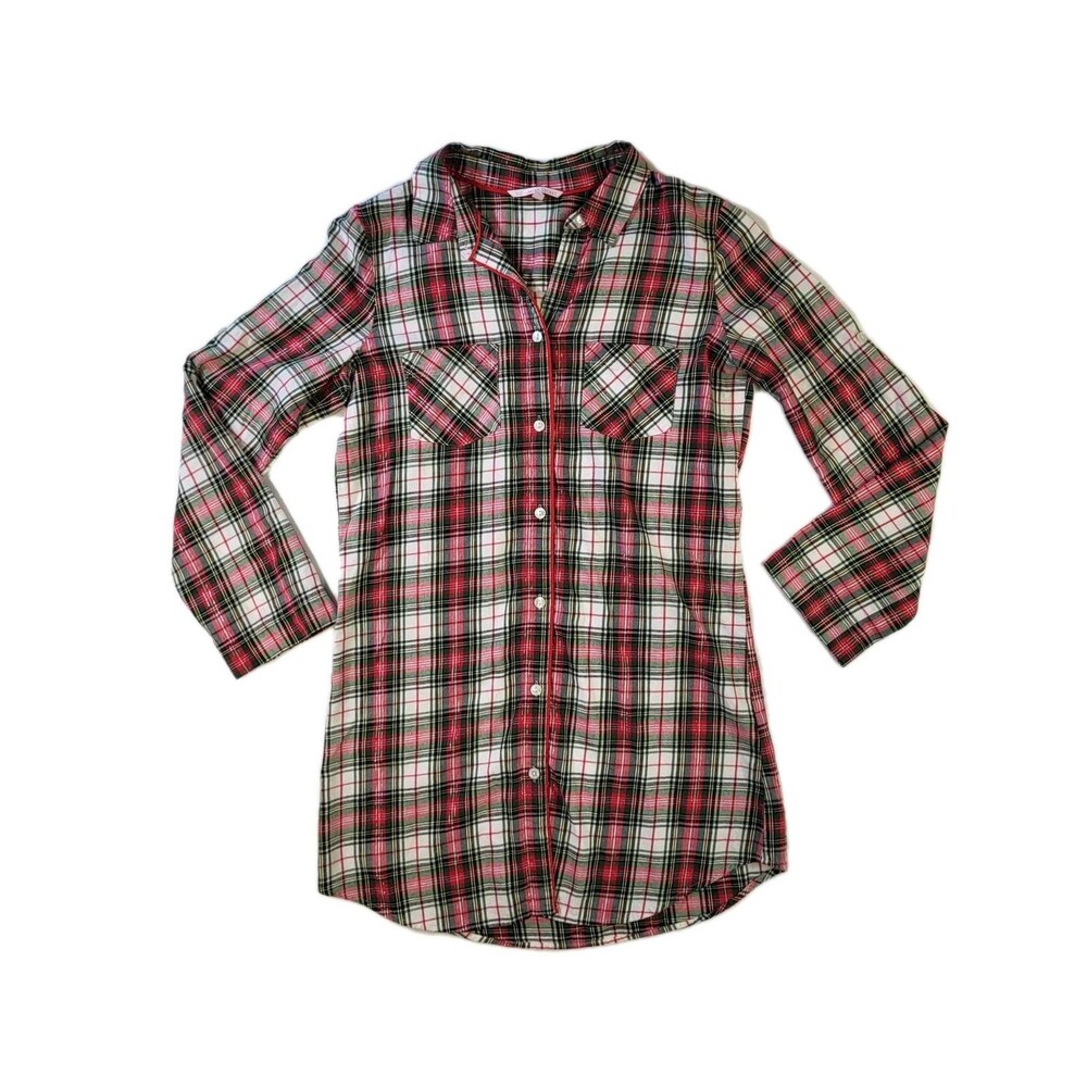 Victoria's Secret Plaid Sleepshirt Pajama Button-Up Women's XS Lounge Pink Green
